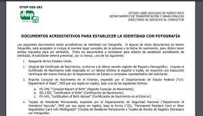 Formulario DTOP-DIS-261 Documentos acreditativos para establecer la Identidad